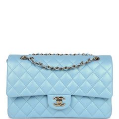 Chanel Medium Classic Double Flap Bag Light Blue Iridescent Calfskin Gold Hardware