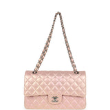 Chanel Medium Classic Double Flap Bag Pink Iridescent Lambskin Silver Hardware