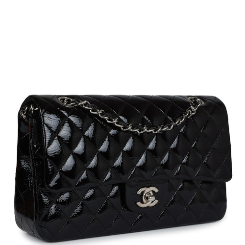 Pre-owned Chanel Medium Classic Double Flap Bag Black Crumpled Patent Leather Silver Hardware