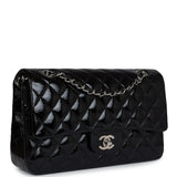 Pre-owned Chanel Medium Classic Double Flap Bag Black Crumpled Patent Leather Silver Hardware