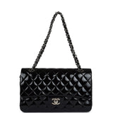 Pre-owned Chanel Medium Classic Double Flap Bag Black Crumpled Patent Leather Silver Hardware