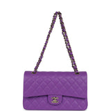 Chanel Medium Classic Double Flap Bag Purple Caviar Light Gold Hardware