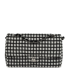 Pre-owned Chanel Medium Logo Ribbon Classic Double Flap Bag White and Black Canvas and Tweed Silver Hardware
