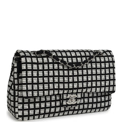 Pre-owned Chanel Medium Logo Ribbon Classic Double Flap Bag White and Black Canvas and Tweed Silver Hardware