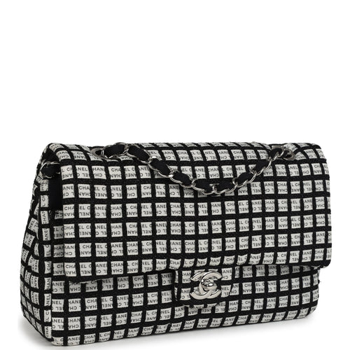 Pre-owned Chanel Medium Logo Ribbon Classic Double Flap Bag White and Black Canvas and Tweed Silver Hardware