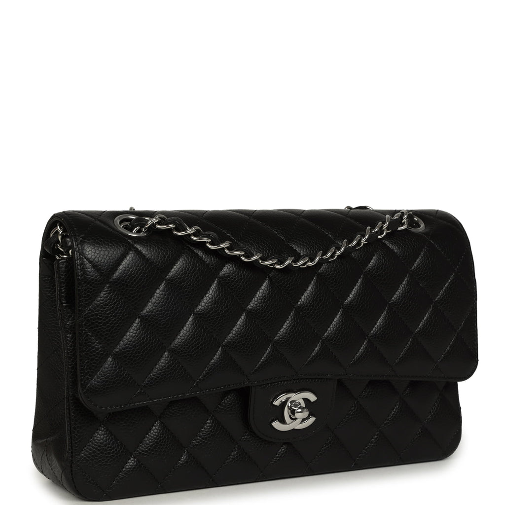 Pre-owned Chanel Medium Classic Double Flap Black Caviar Silver Hardwa