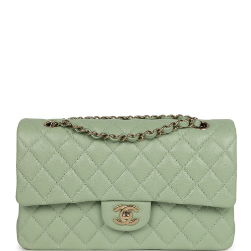 Chanel Medium Classic Double Flap Bag Light Green Caviar Light Gold Hardware