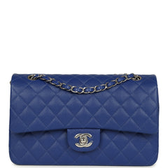 Pre-owned Chanel Medium Classic Double Flap Bag Blue Shiny Caviar Silver Hardware