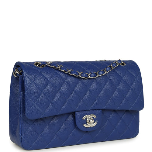 Pre-owned Chanel Medium Classic Double Flap Bag Blue Shiny Caviar Silver Hardware