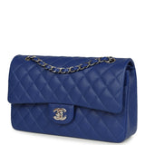 Pre-owned Chanel Medium Classic Double Flap Bag Blue Shiny Caviar Silver Hardware