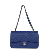 Pre-owned Chanel Medium Classic Double Flap Bag Blue Shiny Caviar Silver Hardware