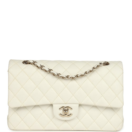 Pre-owned Chanel Medium Classic Double Flap White Caviar Light Gold Hardware