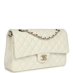 Pre-owned Chanel Medium Classic Double Flap White Caviar Light Gold Hardware