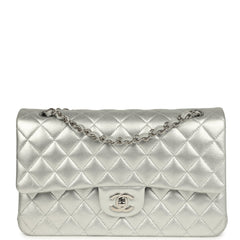 Chanel Medium Classic Double Flap Silver Metallic Lambskin Silver Hardware