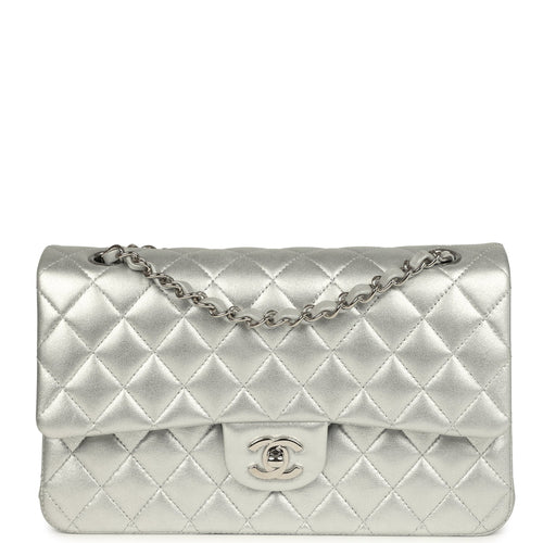 Chanel Medium Classic Double Flap Silver Metallic Lambskin Silver Hardware