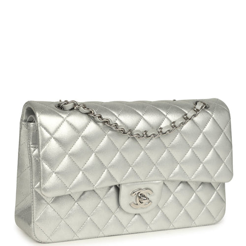 Chanel Medium Classic Double Flap Silver Metallic Lambskin Silver Hardware
