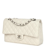 Pre-owned Chanel Medium Classic Double Flap White Shiny Caviar Silver Hardware