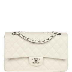 Pre-owned Chanel Medium Classic Double Flap White Shiny Caviar Silver Hardware