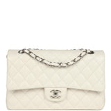 Pre-owned Chanel Medium Classic Double Flap White Shiny Caviar Silver Hardware