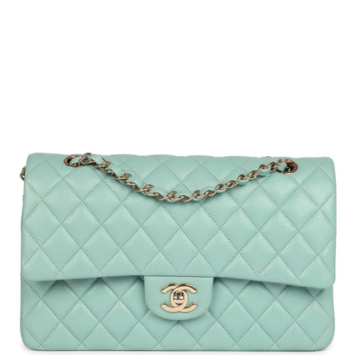 Pre-owned Chanel Medium Classic Double Flap Bag Light Blue Caviar Silver Hardware