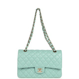 Pre-owned Chanel Medium Classic Double Flap Bag Light Blue Caviar Silver Hardware