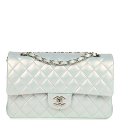 Pre-owned Chanel Medium Classic Double Flap Bag Light Blue Iridescent Calfskin Silver Hardware