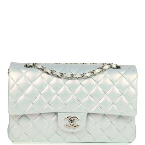 Pre-owned Chanel Medium Classic Double Flap Bag Light Blue Iridescent Calfskin Silver Hardware