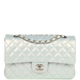 Pre-owned Chanel Medium Classic Double Flap Bag Light Blue Iridescent Calfskin Silver Hardware
