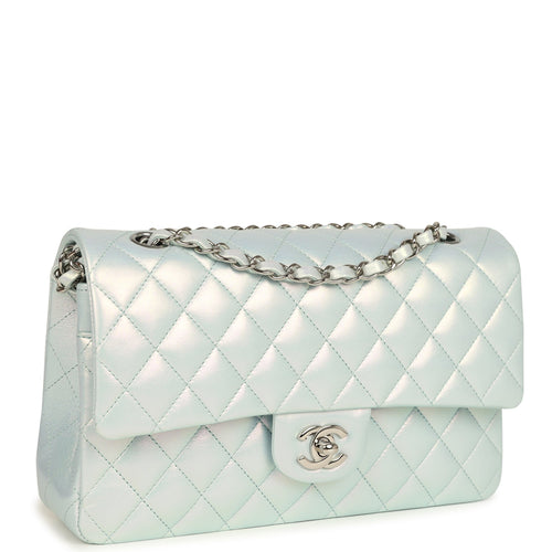 Pre-owned Chanel Medium Classic Double Flap Bag Light Blue Iridescent Calfskin Silver Hardware