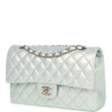 Pre-owned Chanel Medium Classic Double Flap Bag Light Blue Iridescent Calfskin Silver Hardware