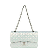 Pre-owned Chanel Medium Classic Double Flap Bag Light Blue Iridescent Calfskin Silver Hardware