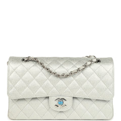 Chanel Medium Classic Double Flap Silver Glitter Caviar Silver Hardware