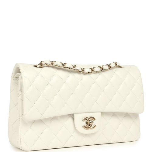 Chanel Medium Classic Double Flap White Caviar Light Gold Hardware