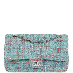 Chanel Medium Classic Double Flap Bag Blue Multi Tweed Light Gold Hardware