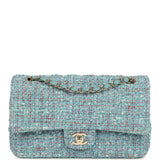 Chanel Medium Classic Double Flap Bag Blue Multi Tweed Light Gold Hardware