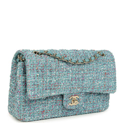 Chanel Medium Classic Double Flap Bag Blue Multi Tweed Light Gold Hardware