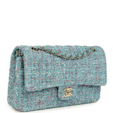 Chanel Medium Classic Double Flap Bag Blue Multi Tweed Light Gold Hardware