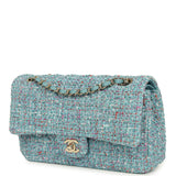 Chanel Medium Classic Double Flap Bag Blue Multi Tweed Light Gold Hardware