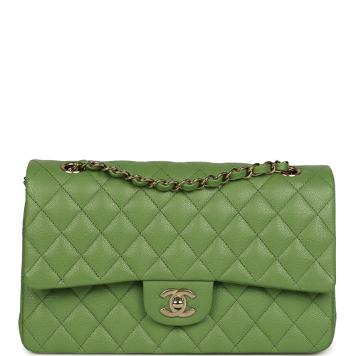 Chanel Medium Classic Double Flap Bag Green Shiny Caviar Light Gold Hardware