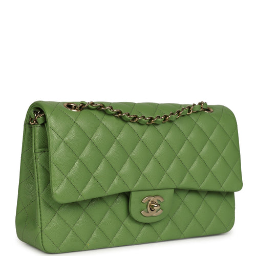 Chanel Medium Classic Double Flap Bag Green Shiny Caviar Light Gold Hardware