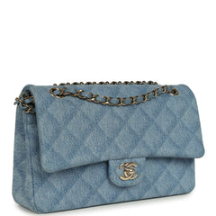 Pre-owned Chanel Medium Classic Double Flap Bag Light Blue Denim Light Gold Hardware