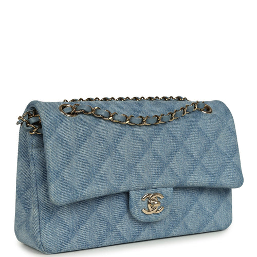 Pre-owned Chanel Medium Classic Double Flap Bag Light Blue Denim Light Gold Hardware