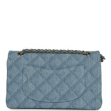 Pre-owned Chanel Medium Classic Double Flap Bag Light Blue Denim Light Gold Hardware