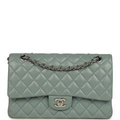 Pre-owned Chanel Medium Classic Double Flap Bag Blue Shiny Caviar Silver Hardware