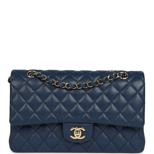 Pre-owned Chanel Medium Classic Double Flap Bag Navy Caviar Light Gold Hardware