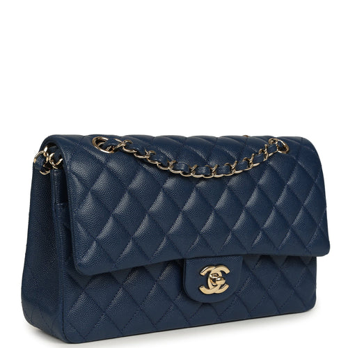 Pre-owned Chanel Medium Classic Double Flap Bag Navy Caviar Light Gold Hardware