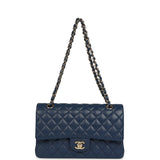 Pre-owned Chanel Medium Classic Double Flap Bag Navy Caviar Light Gold Hardware