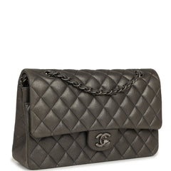Pre-owned Chanel Medium Classic Double Flap Bag Charcoal Metallic Goatskin Aged Ruthenium Hardware