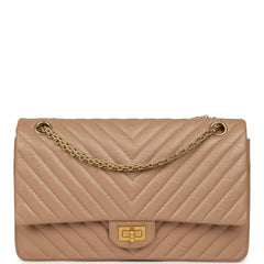 Pre-owned Chanel Medium Chevron Reissue 226 2.55 Double Flap Bag Beige Aged Calfskin Antique Gold Hardware