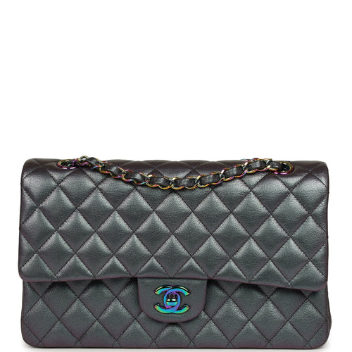 Pre-owned Chanel Medium Classic Double Flap Bag Iridescent Purple Goatskin Rainbow Hardware